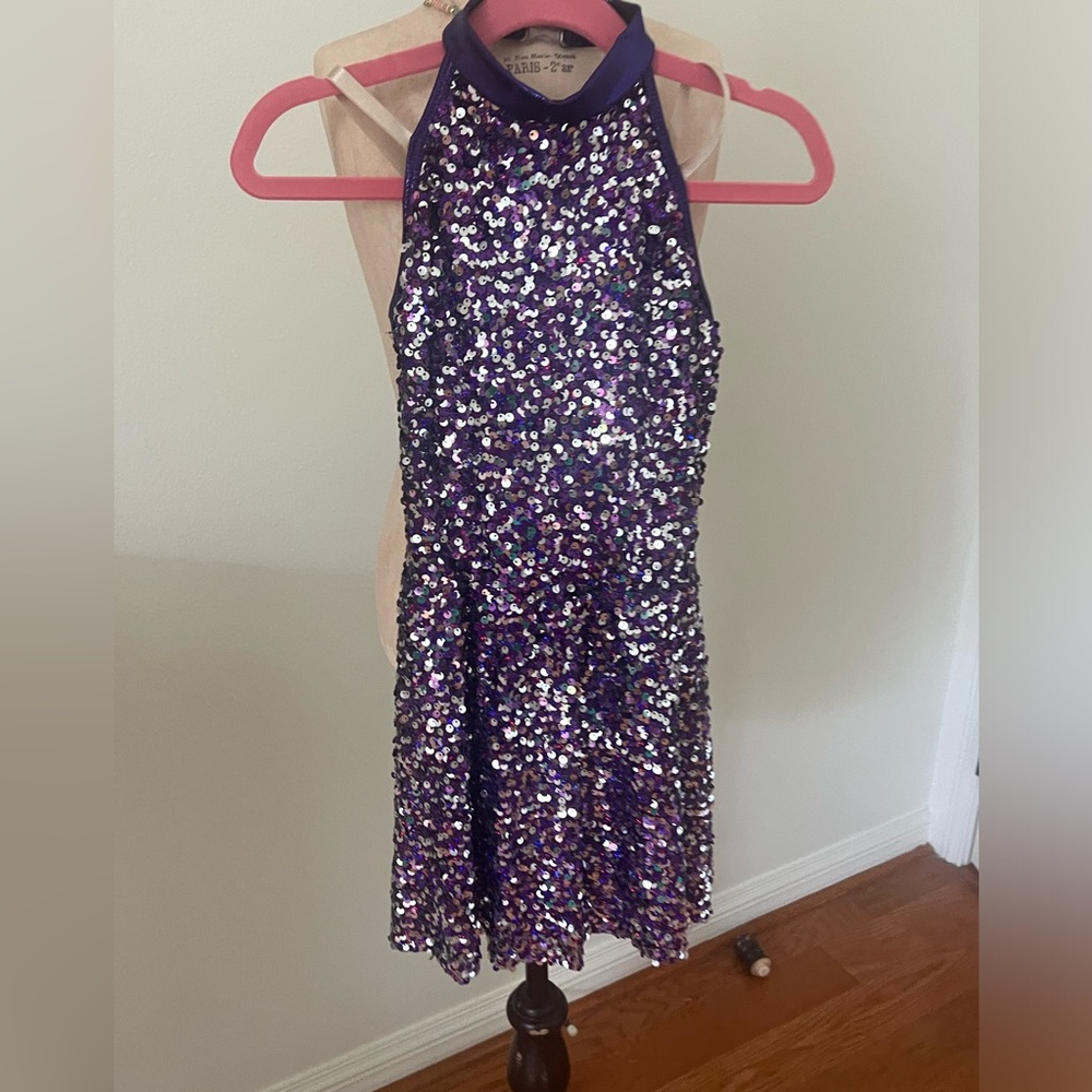 Purple sequin dance costume with built in shorts.